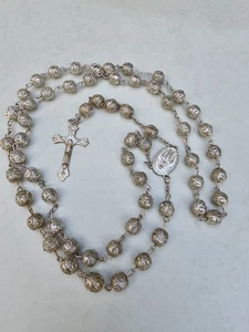 Rosario Vintage Plateado Grande 8mm Filigrana Cuentas 23"" Altura Religios - Imagen 1 de 8
