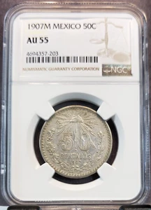 1907 MEXICO SILVER 50 CENTAVOS NGC AU 55 HIGH GRADE NICE COIN - Picture 1 of 3