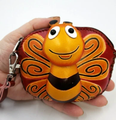 Butterfly Bee Leather Wristlet Wallet Handmade Bright Yellow Smiling Coin Purse - Image 1 of 4