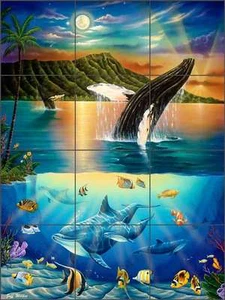 Ceramic Tile Mural Backsplash Wilkie Undersea Dolphin Whale Fish POV-JWA004 - Picture 1 of 2