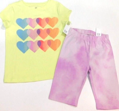 Gap Girl T-Shirt Shorts Purple Yellow SIZE XS/4-5 Cotton Spandex HEARTS New - Image 1 of 2