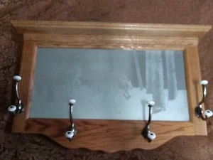 Vintage Etched Wolves & Trees Mirror Coat Hanger Oak Framed W/ Brass & Porcelain - Picture 1 of 11