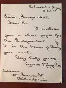 AGNES REPPLIER HANDGESCHRIEBENER BRIEF SIGNIERT AM AUTOR, ESSAYIST, PHILADELPHIA - Bild 1 von 2