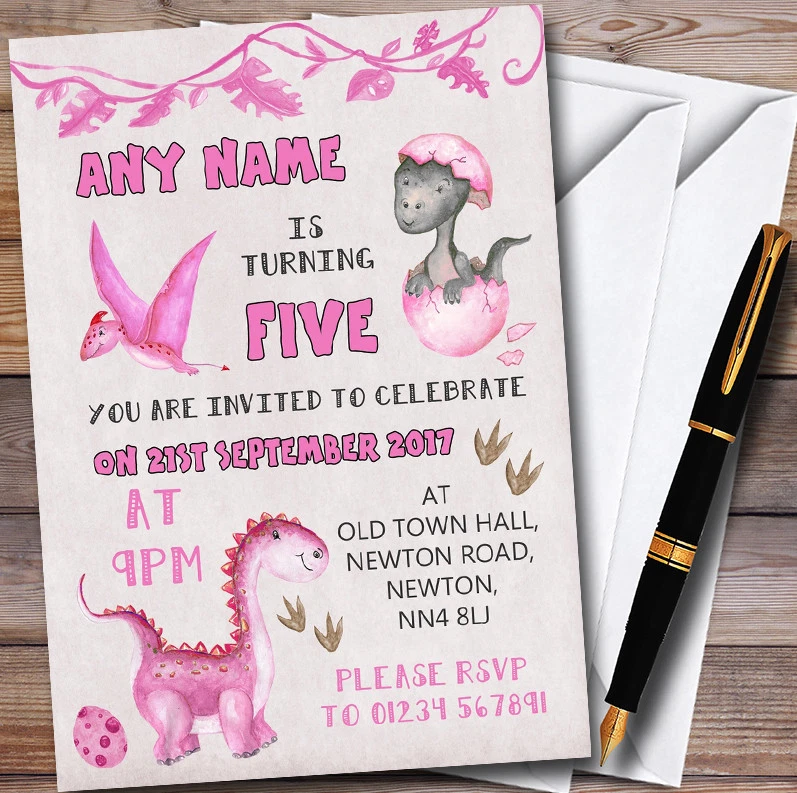 Acuarela rosa dinosaurio invitaciones personalizadas a fiesta de cumpleaños para niños Foto 1 de 1
