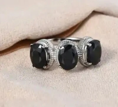 5.20Ct Natural (Untreated) Midnight Sapphire 3 Stone Ring Sz 7 316L SS - Image 1 of 4