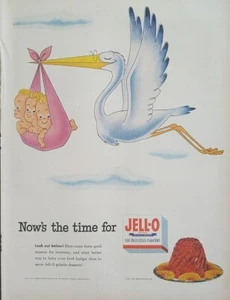 1953 anuncio impreso de gelatina vintage Ahora es el momento de gelatina, cigüeña bebé - Imagen 1 de 1