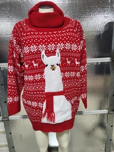 XL Red Ugly Christmas Sweater - Adult - Red White - Large Llama - Turtleneck - Picture 1 of 6