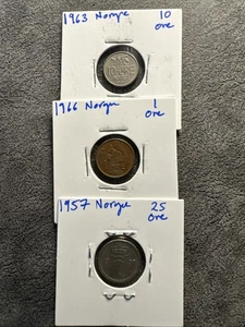 1957,63,66 Norge/Norway 3 Coins, 1,10,25 Ore. Non Magnetic, Squirrel And Hornet - Picture 1 of 13