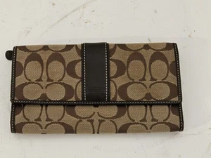 Coach Signature Trifold Stripe Wallet Check Fold Zippered Side Pocket Brown - Picture 1 of 3