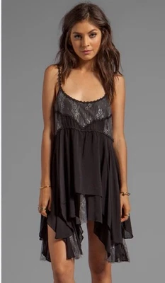 Vestido Grunge Fairycore Free People Negro Piezas Encaje Asimétrico Dobladillo Sin Mangas Talla M Foto 1 de 4