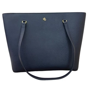 Lauren Ralph Lauren Crosshatch Leather Medium Sophisticated Karly Tote Navy $225 - Picture 1 of 9