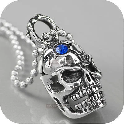 Silver cracked head skull pendant stainless steel chain necklace blue cz 60cm Foto 1 de 4