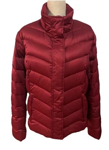 Eddie Bauer Womens XL Goose Down Puffer Coat Cranberry Full Zip Snaps Pockets - Picture 1 of 8