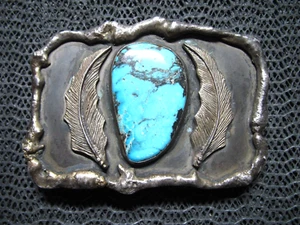 NAVAJO STERLING SILVER TURQUOISE FEATHER HIPPIE BELT BUCKLE! VINTAGE! DS! 104g! - Picture 1 of 12