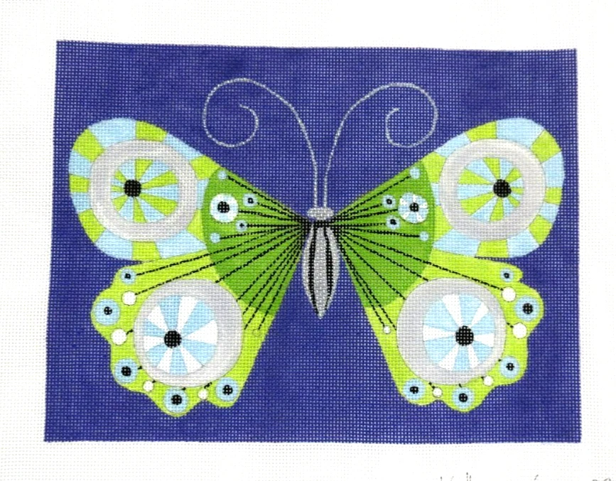 Zecca Green Grey Butterfly Handpainted Needlepoint Canvas 13 count - Image 1 of 1