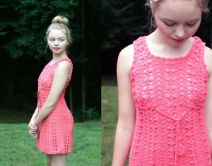 Judy Wayne Hand Crocheted Knit Dress/ Groovy 70s Pink Knit Mini Dress/ Adorable! - Picture 1 of 7