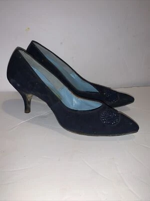 Tacones de aguja vintage años 50 azul marino gamuza encaje recortes  Foto 1 de 4