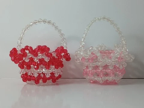 Vintage Beaded Baskets Handmade Two Pink Red Approx 4"X4" Cover