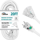 20FT Lighted Outdoor Extension Cord with 3 Power Outlets,14/3 SJTW Heavy Duty Wh