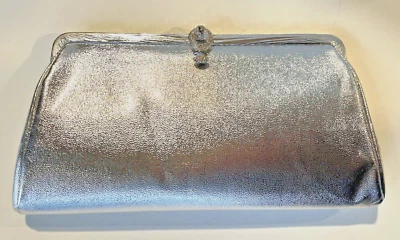 Silver Lame Look Faux Leather Evening Bag Handbag Clutch Chain Wrist Strap 01040 - Image 1 of 4