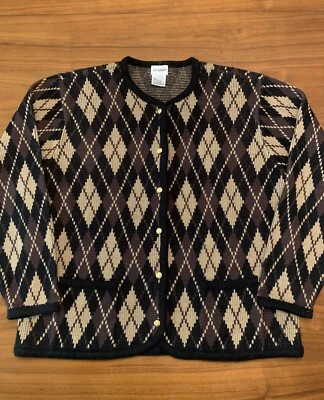 Cárdigan Suéter Vintage Liz Baker Argyle Tejido Talla XL Marrón Dorado Botones Años 80/90 Foto 1 de 4