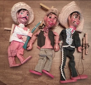 3 Composite Wooden Mexican Marionette Bandito Dolls Antique Vintage - Picture 1 of 9