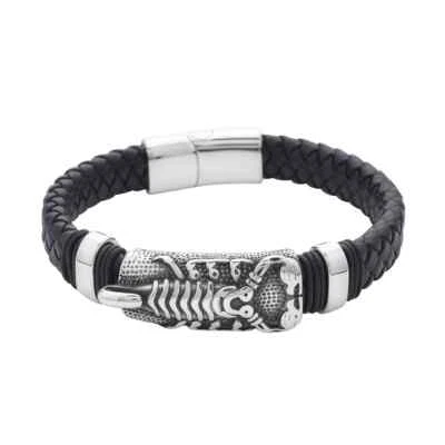 Faux Leather Scorpion Pattern Bracelet in Black Oxidized Stainless Steel (8.00") - Image 1 of 4