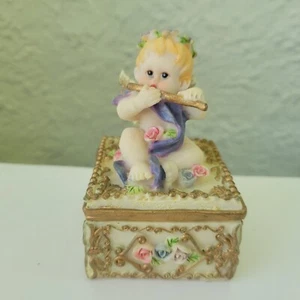 Angel Playing Flute Trinket Box Resin Floral Multicolor 3.5 Inches - Picture 1 of 9