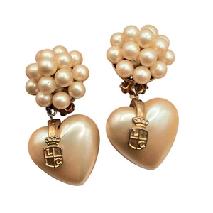 Liz Claiborne Chunky VTG Clip On Earrings AS IS Faux Pearl Heart Shield Logo - Picture 1 of 6