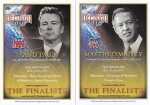 DECISION 2016 - THE FINALISTS - RAND PAUL - #86 -2016 -ERROR W/MARTIN OMALLEY - Picture 1 of 1