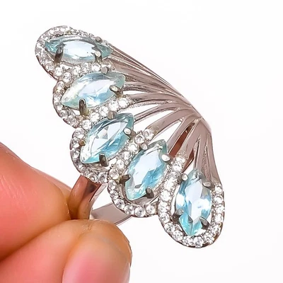 Anillo de joyería enchapado en plata con piedras preciosas de topacio blanco y aguamarina s.7 R1-28 Foto 1 de 4