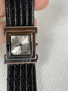 Square quartz women's watch silver face silver bezel black faux leather band - Picture 1 of 9