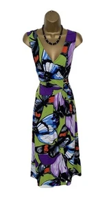 PRETTY WRAP DRESS by ANTTHONY M UK 12-14 VGC BLACK/PURPLE BUTTERFLY BUCKLE TRIM - Picture 1 of 12