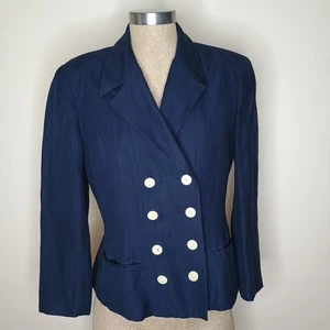 Ann Taylor Cropped Navy Jacket Blazer Women's 6 Double Breasted Linen Blend - Picture 1 of 10