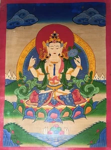 Vintage Rare hand painted Tibetan Buddha Chenrezig Thangka Oil painting Om yoga - Picture 1 of 5