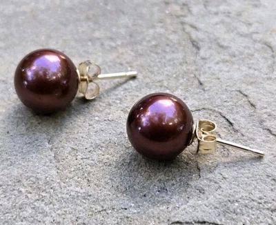 14k 黄金巧克力珍珠耳环耳钉 7-7.5 毫米圆形 AAA 质量 — 第 1/4 张图片