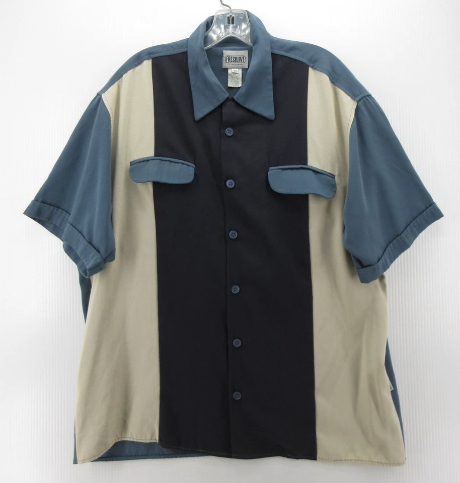 Camisa DE COLECCIÓN Freshjive Hombres XL Azul Bowling Cuello Lazo Rockabilly Resort Años 90 Foto 1 de 4