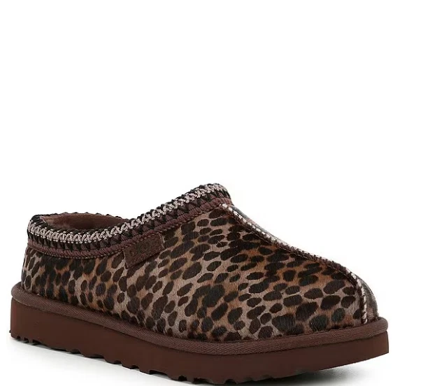 Zapatillas zueco de pelo de becerro UGG para mujer Tasmania Caspio con estampado de animales manchados, quemadas C Foto 1 de 4