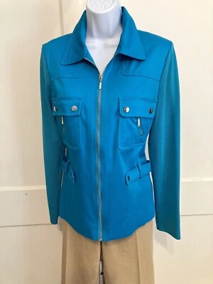NWOT Peter Nygard Size M Aqua Blue Stretchy Back Knit Zip Front Jacket - Image 1 of 4