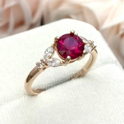 silver ring Rose Gold Round Lab Ruby Ring Marquise And Round Simulated CZ - Image 1 of 4