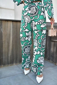 ZARA GREEN ECRU PRINTED WIDE-LEG TROUSERS SIZE M - Picture 1 of 21