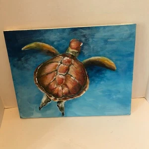 Vintage Original Art of Sea Turtle Painted on Canvas Not Signed Ready to Frame - Picture 1 of 11