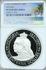 1977 CAYMAN ISLANDS SILVER 25 DOLLARS QUEEN VICTORIA NGC PF 69 ULTRA CAMEO TOP  - Picture 1 of 3