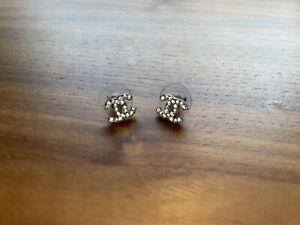 CHANEL CC Logo Crystal Stud Earrings Silver Comes With Box