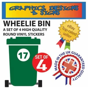 4 ROUND WHEELIE BIN NUMBERS CUSTOM HOUSE NUMBER VINYL GRAPHIC STICKERS DECAL - Picture 1 of 3