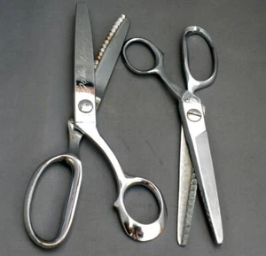 2 Vintage 1950s Professional Pinking Shears 8-1/4" & 9" Italy, USA Chrome Plated - Picture 1 of 9