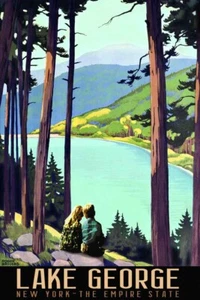 Lake George New York Boy and Girl Travel Poster Roger Broders Art Print 372 - Picture 1 of 3