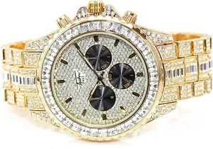 Men Fully Gold Iced Watch Bling Rapper Simulate Diamond Metal Band Luxury Black - Picture 1 of 4