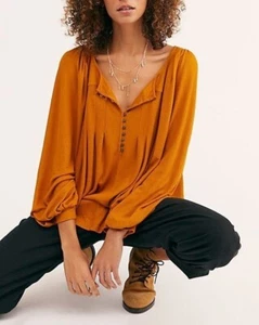 FREE PEOPLE Devin Peasant Top Sz M Long Sleeve Tunic Henley Blouse Boho Autumn - Picture 1 of 12