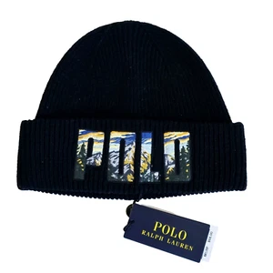 Polo Ralph Lauren Men’s Black Mountain Landscape Logo Cuffed Knit Beanie Hat NWT - Picture 1 of 8